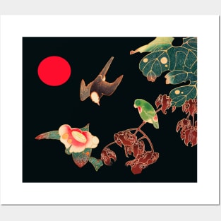 BIRDS,FLOWERS,LEAVES AND RED SUN IN BLACK, Japanese Dark Floral Posters and Art